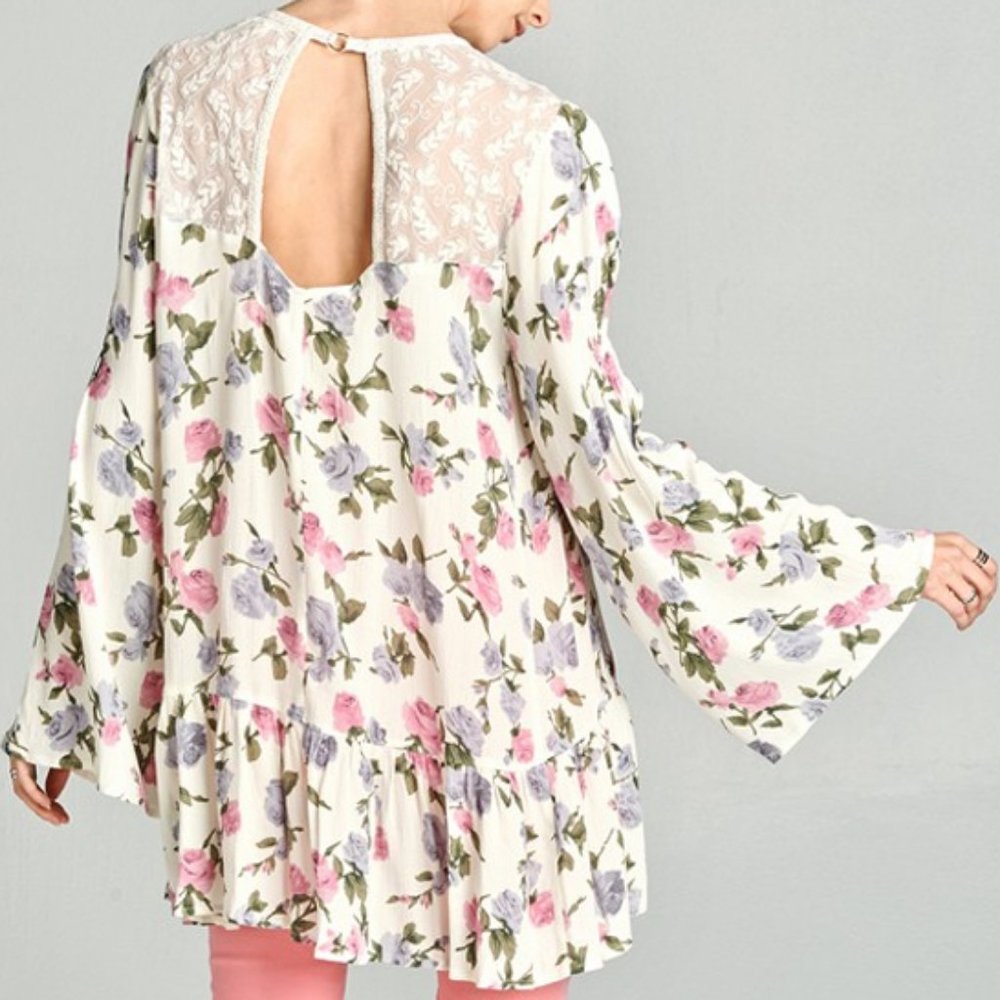 NEW Cream Pink Lilac Floral Lace Inset Tunic Top - Picture 3 of 12